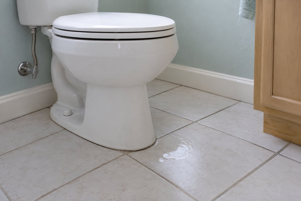 Illustrative bathroom with moisture near a plumbing fixture