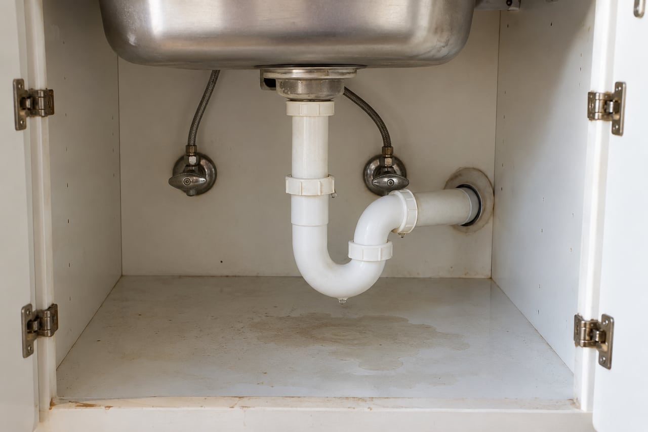 Illustrative damp cabinet base beneath a kitchen sink and supply connections