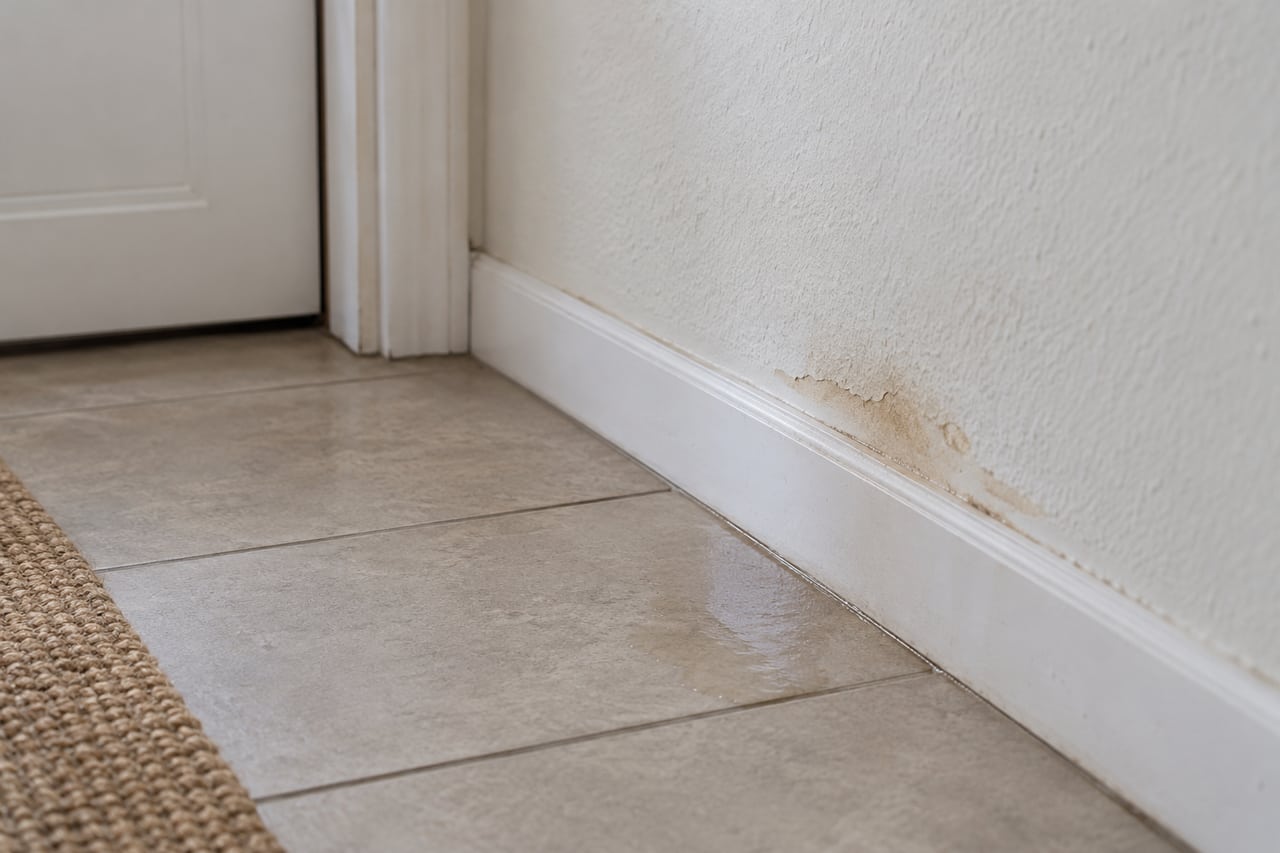 Illustrative moisture staining at an interior baseboard and tiled floor